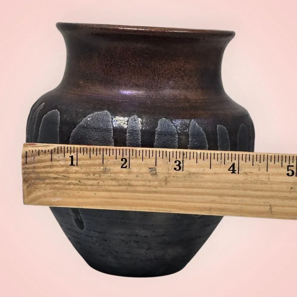 Vintage Raku Style Handmade Ceramic Brown Vase 5” Signed 